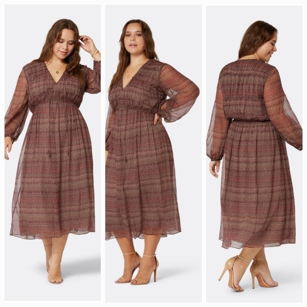 NWT Wome's Joie Alquina 100%Silk Midi Dress Size 0X Flower V-Neck Long Sleeve